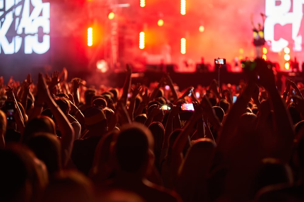 Energetic,Audience,At,Summer,Music,Festival,,Hands,Raised,,Enjoying,Live