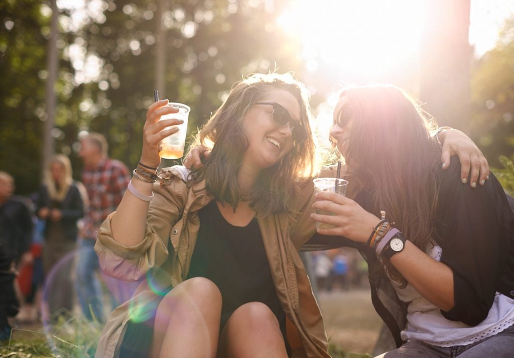 Beer,,Laughing,And,Woman,Friends,In,Nature,Together,With,Audience