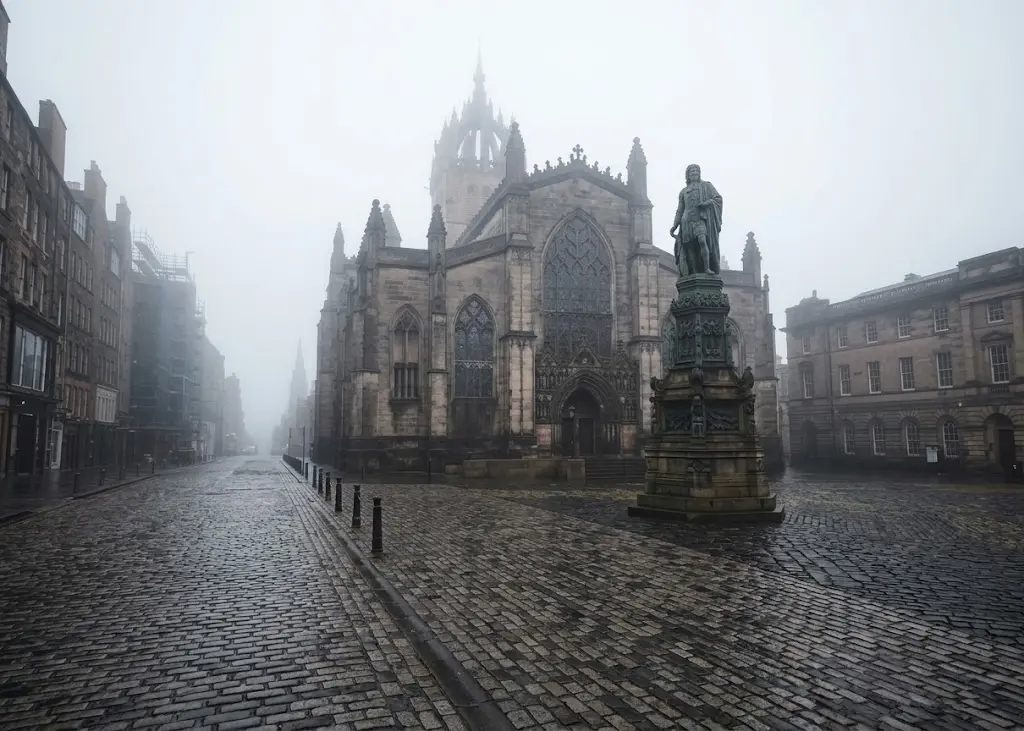 Catedral de St Giles em Edimburgo com seu campanário distintivo numa manhã enevoada