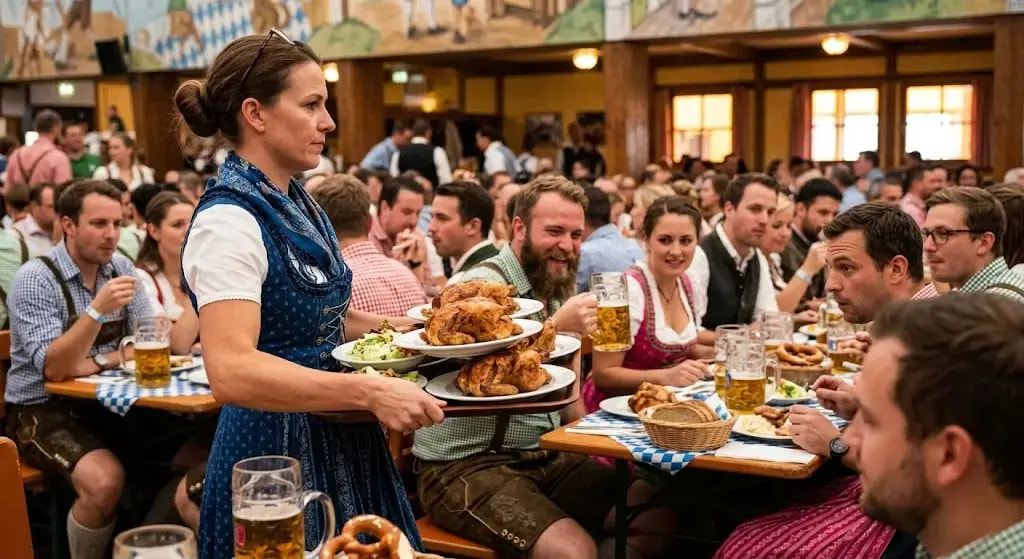 Garconete de Oktoberfest em roupa tradicional servindo frango assado aos clientes