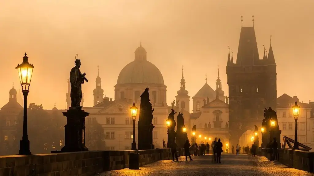 Ponte Carlos em Praga iluminada ao anoitecer com estátuas históricas