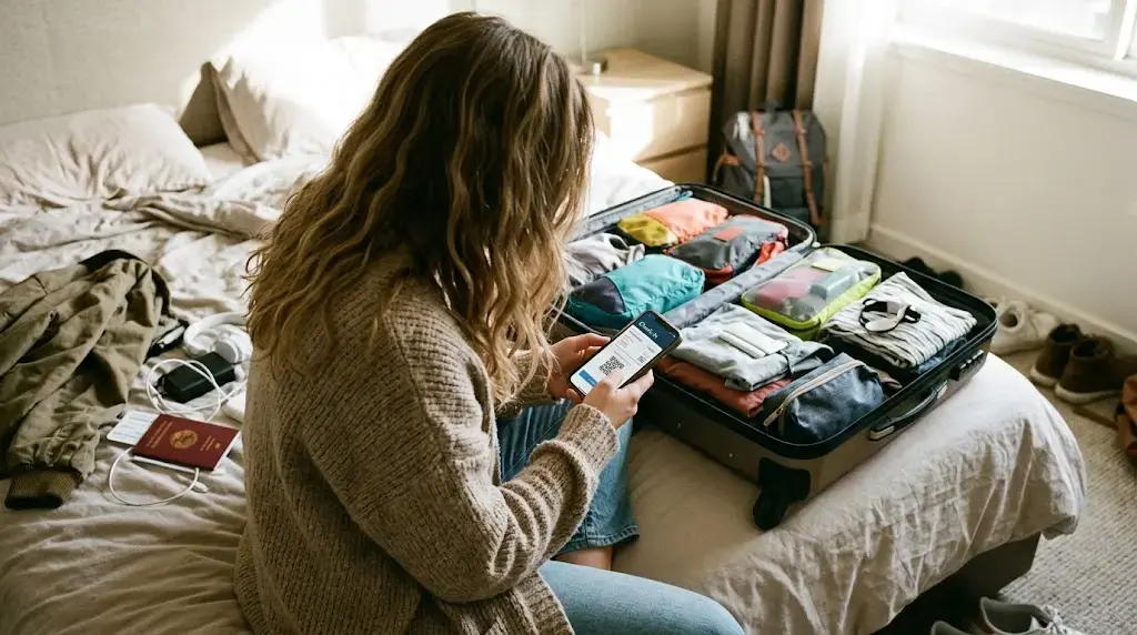 Passageiro a utilizar o smartphone para fazer check-in online no aeroporto